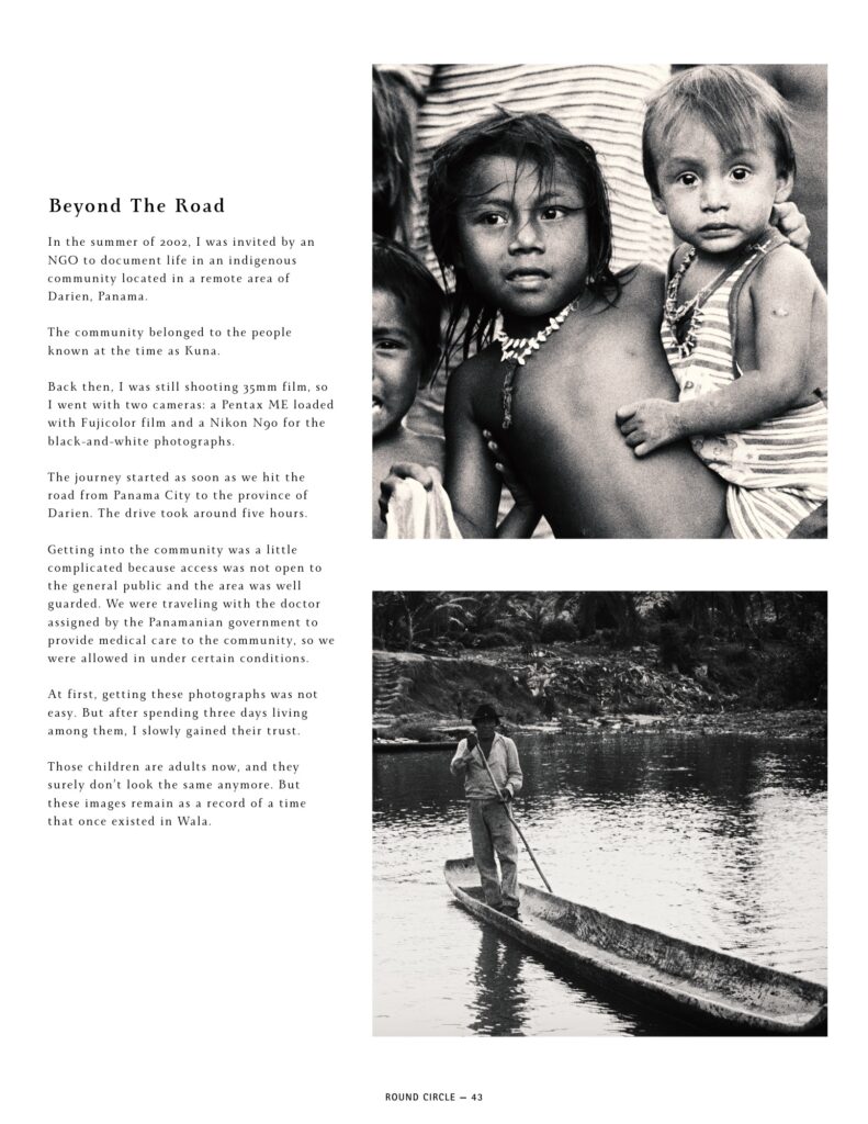 Black-and-white documentary photographs from an Indigenous community in Darién, Panama, featured in Round Circle Magazine Issue 02.
